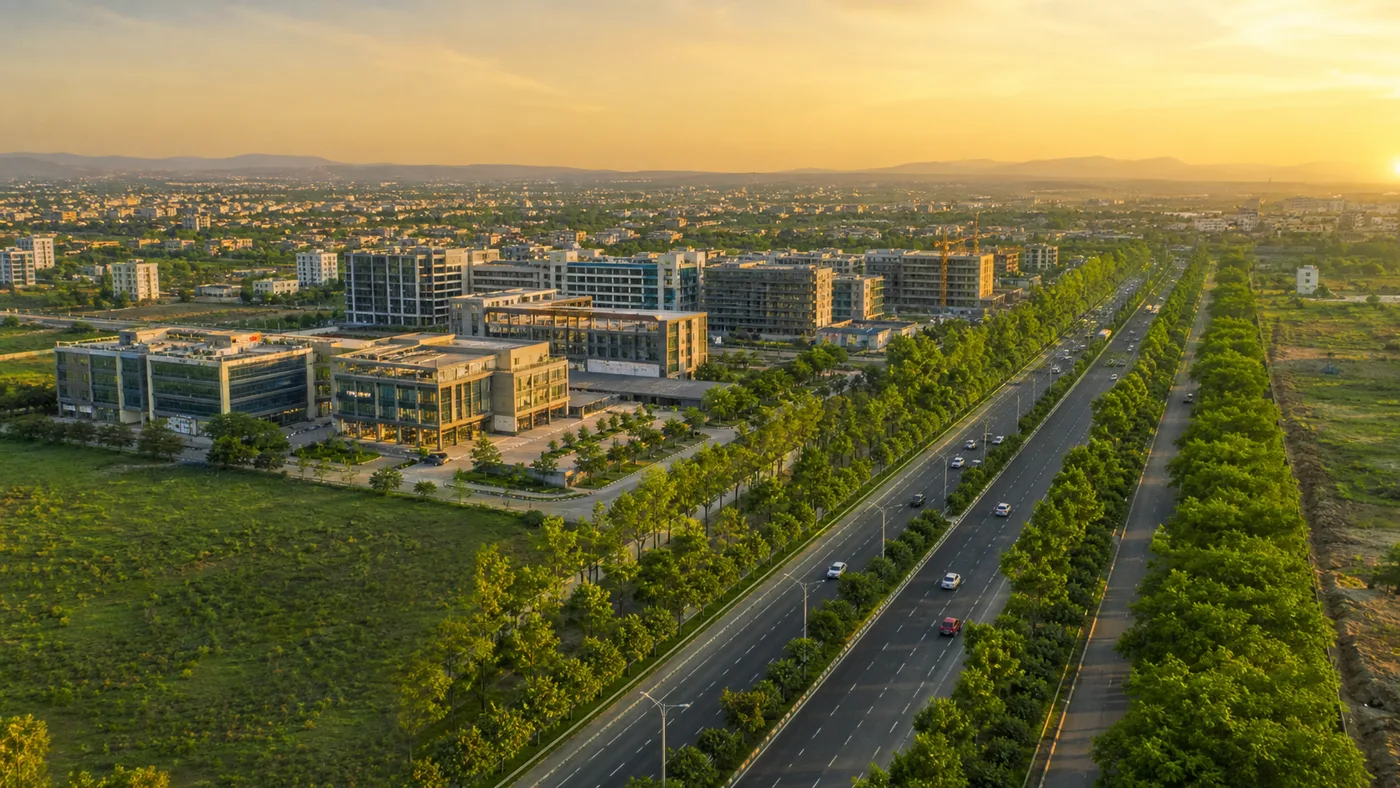 Modern arterial road in an Indian growth corridor