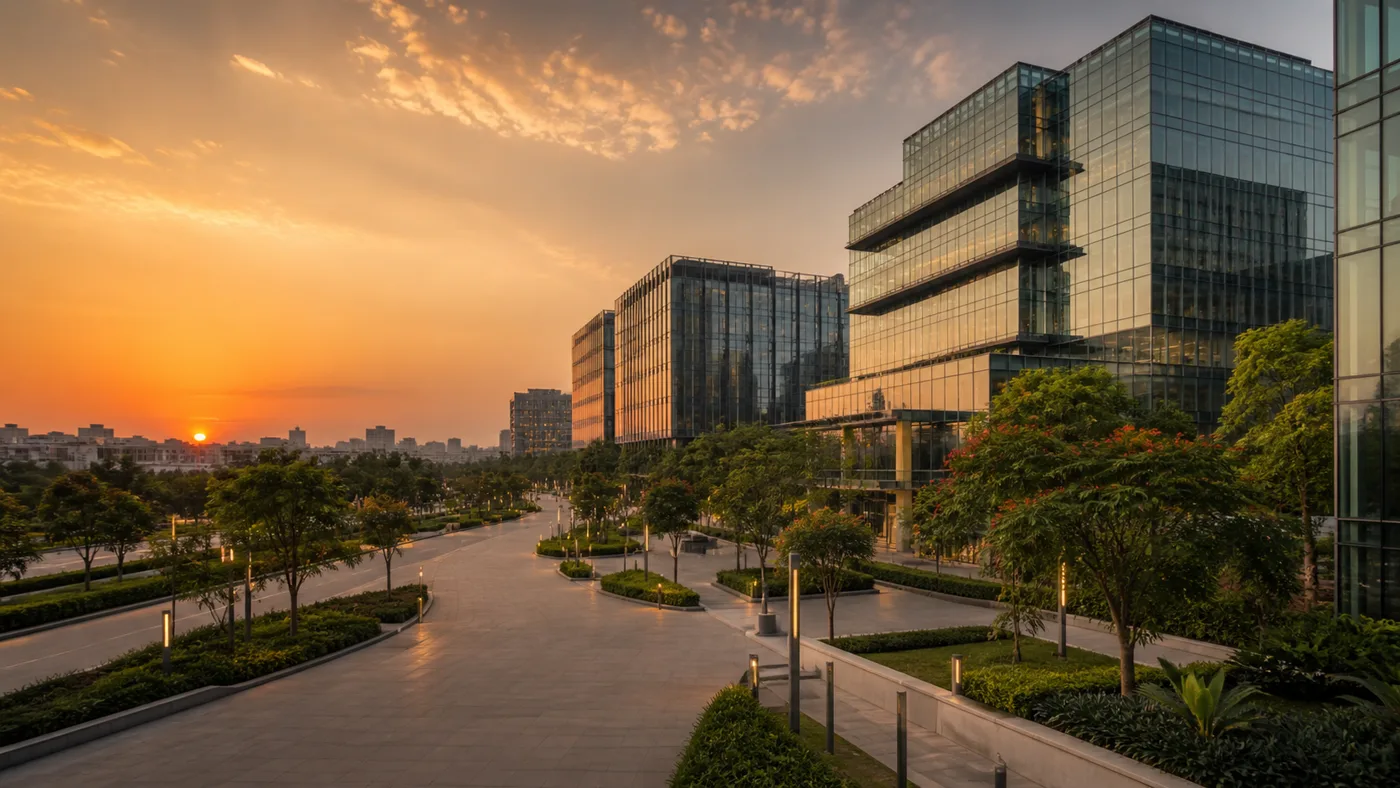 Modern Indian business district at sunset